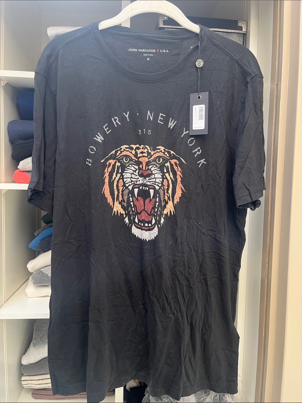 John Varvatos Black Tee with Roaring Tiger Graphic